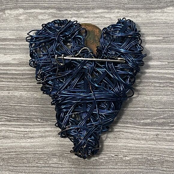 Handmade Wire Wrapped Heart & Moon Brooch Pin Blue Copper Artisan Jewelry Unique - Picture 5 of 11